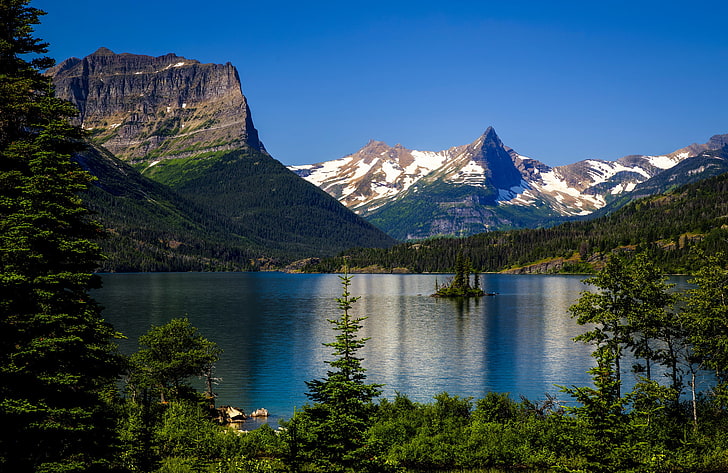 snowcap mountain, Montana, Glacier National Park, Saint Mary Lake, Rocky Mountains, Wild Goose Island, HD wallpaper