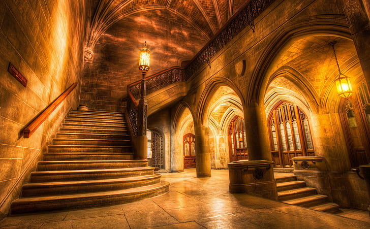 architecture interiors staircase hdr columns chicago universities arch lights walls history bricks old building usa, HD wallpaper