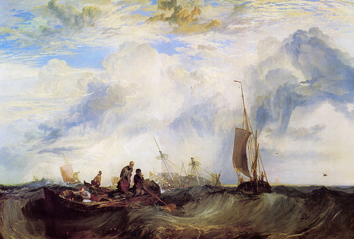 mer, vague, personnes, bateau, bateau, image, voile, paysage marin, William Turner, entrée de la Meuse, Fond d'écran HD