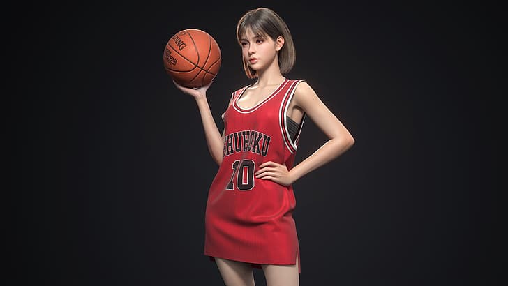 Slam Dunk, simple background, basketball, sportswear, red clothing, short hair, Euginnx_Wu, CGI, Asian, women, brunette, HD wallpaper