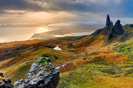 جزيرة ، سكاي ، منظر طبيعي ، اسكتلندا ، رجل ، ستور ، قديم، خلفية HD HD wallpaper