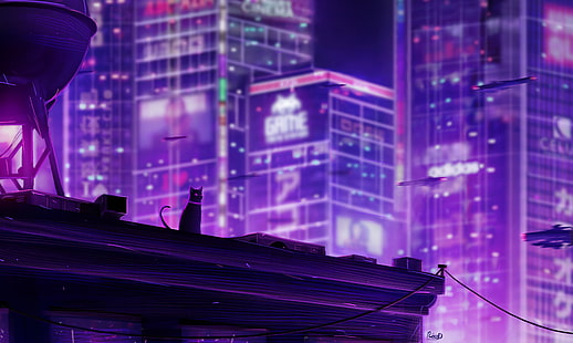 kucing, lampu, neon, lampu neon, kota, lampu kota, arsitektur, bangunan, futuristik, kota futuristik, digital, seni digital, ungu, lampu latar, Tokyo, lanskap kota, neotokyo, karya seni, hewan, Wallpaper HD HD wallpaper
