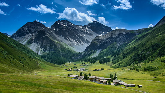 village in the middle of mountains during day time, dörfli, dörfli, Sertig Dörfli, village, middle, mountains, day, time, Davos, Schweiz, Switzerland, landscape photography, sky, clouds, Wolken, Himmel, Swiss Alps, mountain, Berg, Berge, hiking, Alpen, Schweizer, Dorf, mountain village, Sertig, nature, landscape, summer, outdoors, scenics, european Alps, meadow, grass, europe, HD wallpaper HD wallpaper