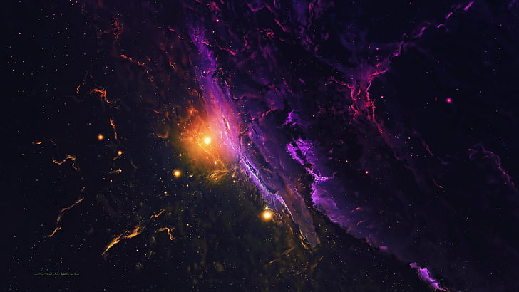 fioletowe i żółte zdjęcie kosmosu, galaktyka, przestrzeń, gwiazdy, wszechświat, kosmos, mgławica, Tapety HD
