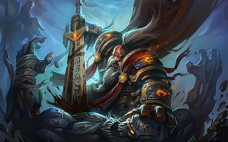 орк, держащий меч, иллюстрация, World of Warcraft, гномы, воин, Warcraft, рисунок, гном воин, красочный, гном, HD обои