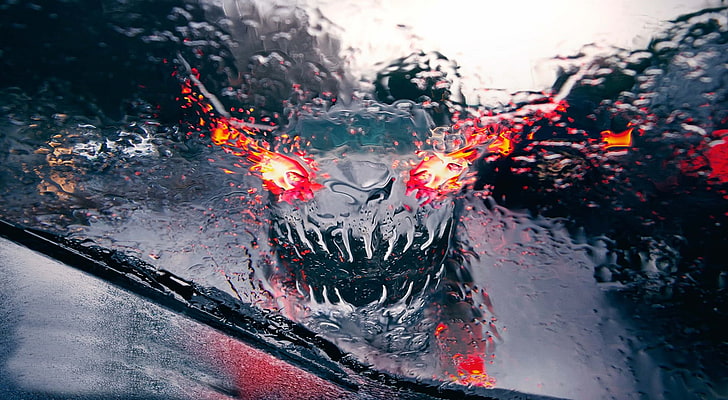 gray vehicle, car, traffic, vehicle, road, rain, water on glass, imagination, demon, wet street, red, HD wallpaper