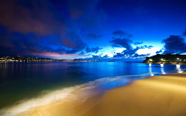 Umhang der Nacht, Gewässer, seelandschaft, Sonnenuntergang, Wasser, Himmel, Strand, Blau, Wolken, Natur, HD-Hintergrundbild