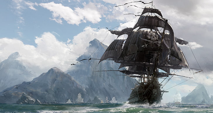 кафяв пиратски кораб цифрови тапети, саке, меч, игра, пират, остров, кен, пиратски кораб, острие, кораб, зло, кайдзоку, череп и кости, HD тапет