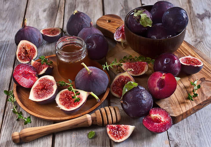 clear glass jar, honey, plum, figs, HD wallpaper