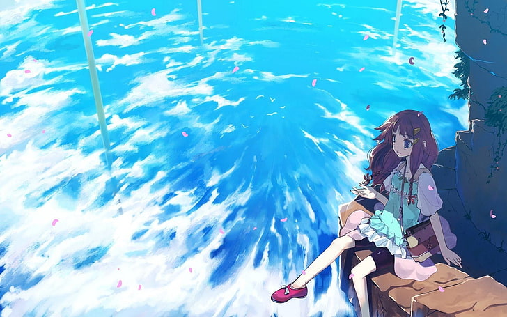 sky, heights, cherry blossom, sitting, anime girls, HD wallpaper