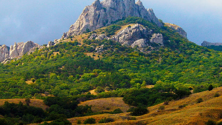 Удивителна скала, зелена планина, природа, 3840x2160, трева, дърво, скала, HD тапет