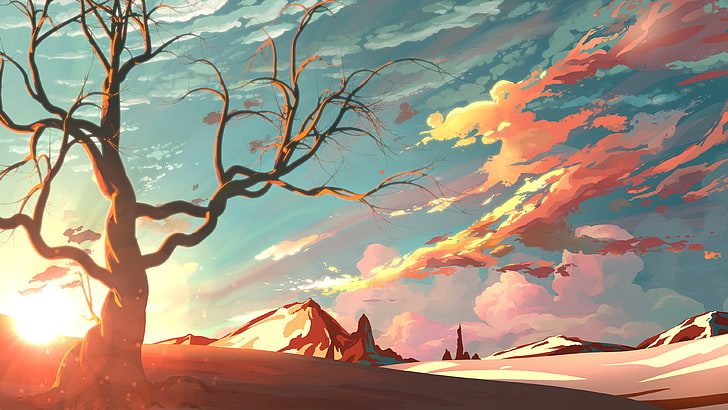 wallpaper telanjang dan gurun, pohon botak di bawah ilustrasi langit biru, karya seni, lanskap, langit, pegunungan, alam, pohon, salju, awan, matahari terbenam, seni digital, ilustrasi, Wallpaper HD