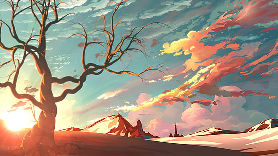 голое дерево и обои пустыни, лысое дерево под голубым небом, иллюстрации, произведения искусства, пейзаж, небо, горы, природа, деревья, снег, облака, закат, цифровое искусство, иллюстрация, HD обои HD wallpaper