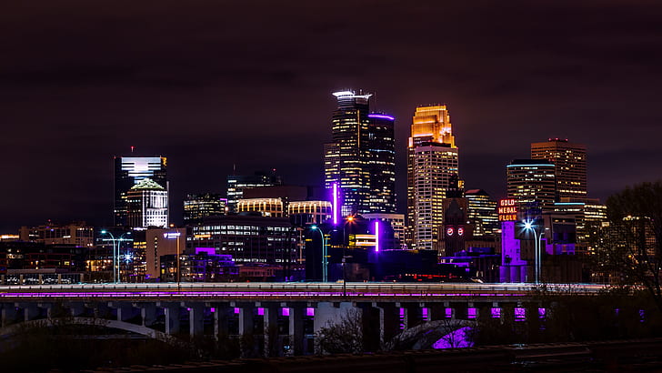 cityscape ، مينيابوليس ، الأفق ، الليل ، وسط المدينة ، الإضاءة ، الغسق ، مينيسوتا ، الولايات المتحدة، خلفية HD