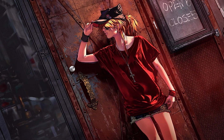 mulher de pé superior vermelho ao lado de ilustração de porta, Neon Genesis Evangelion, HD papel de parede