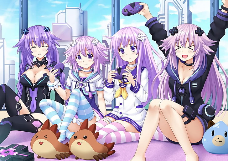 аниме, аниме девушки, Hyperdimension Neptunia, Purple Heart, фиолетовые волосы, украшение для волос, длинные волосы, HD обои