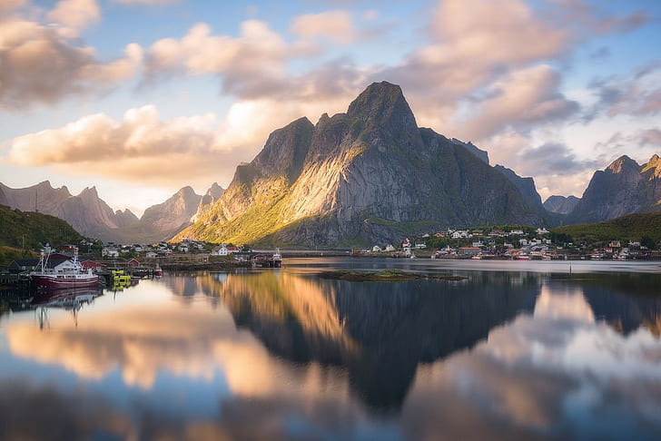 town, fjord, Lofoten Islands, landscape, nature, photography, mountains, sunlight, sunset, summer, Norway, HD wallpaper