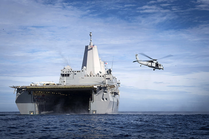 U.S. Navy, San Antonio-class, amphibious, transport dock, LPD-23, helicopter, USS Anchorage, HD wallpaper