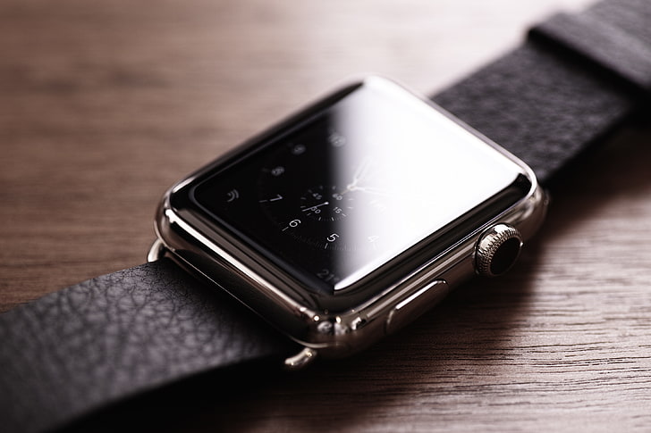 srebrny Apple Watch z czarnym skórzanym paskiem, zegarek Apple, zegarek na rękę, pasek, Tapety HD