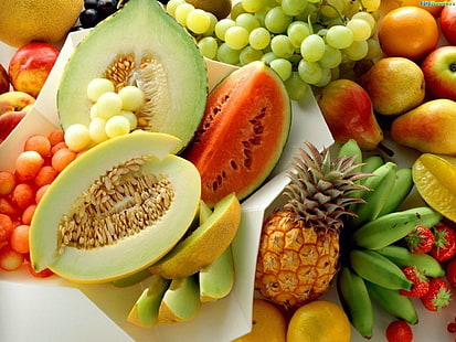 разнообразие фруктов, ананас, дыня, арбуз, виноград, яблоки, HD обои HD wallpaper