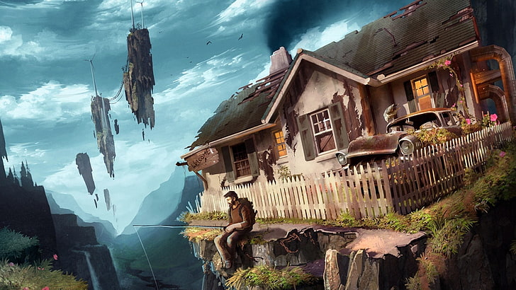 illustration of house, fantasy art, fishing rod, house, artwork, HD wallpaper