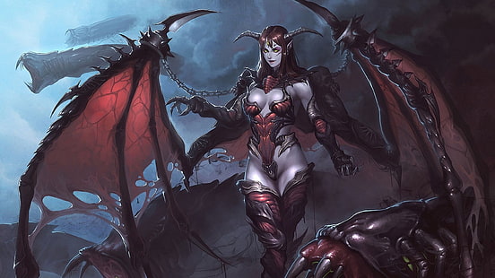 женский персонаж с рогами и крыльями цифровые обои, фэнтези, демон, HD обои HD wallpaper