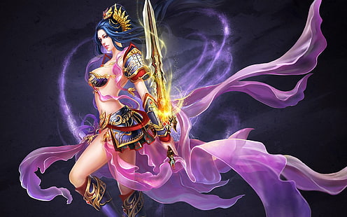 Fantasy, Women Warrior, Blue Hair, Purple, Sword, Woman, Woman Warrior, HD wallpaper HD wallpaper