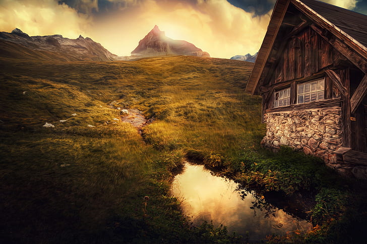 Berge, Haus, Behandlung, HD-Hintergrundbild