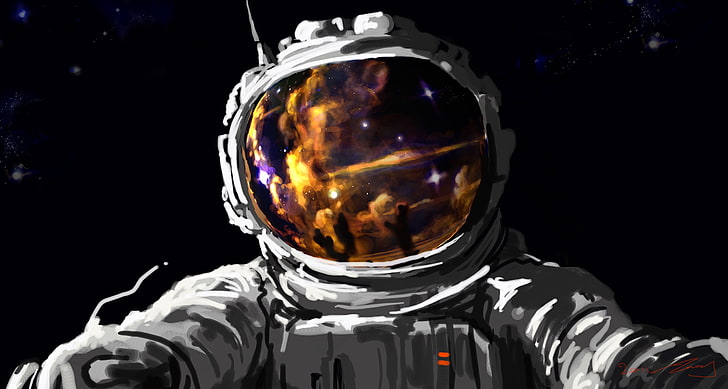 ilustracja astronauta, grafika, sztuka fantasy, grafika koncepcyjna, przestrzeń, astronauta, skafander kosmiczny, gwiazdy, sztuka cyfrowa, malarstwo, Tapety HD