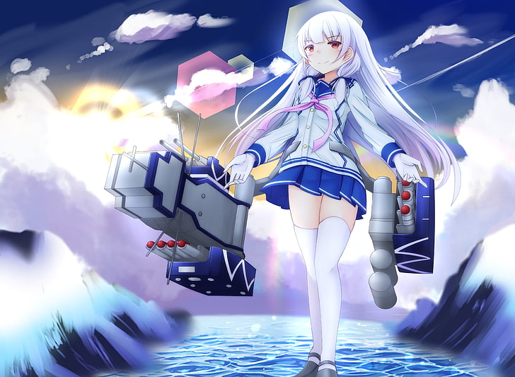 kancolle, isokaze, white version, guns, clouds, water, Anime, HD wallpaper