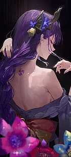 Genshin Impact, произведение на изкуството, Raiden Shogun (Genshin Impact), лилава коса, лилави очи, сплетена коса, кимоно, голи рамене, цветя, A.T. Нула, аниме, аниме момичета, HD тапет HD wallpaper