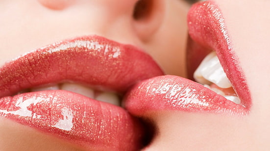 グロス、口紅、歯、女性、ジューシーな唇、唇、 HDデスクトップの壁紙 HD wallpaper