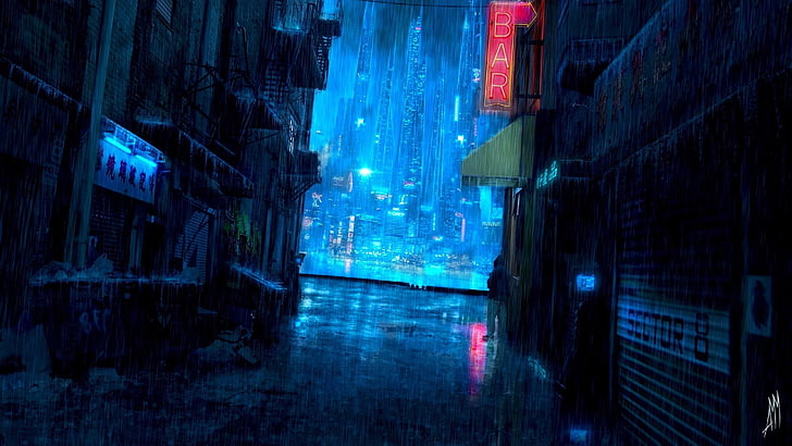 cyberpunk, regen, ästhetisch, wasser, stadt, lichter, regnen, dunkelheit, dunkelheit, fantasiekunst, HD-Hintergrundbild