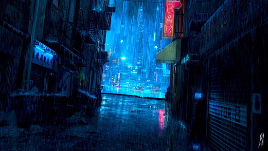 cyberpunk, hujan, estetika, air, kota, lampu, hujan, kegelapan, gelap, seni fantasi, basah, Wallpaper HD HD wallpaper