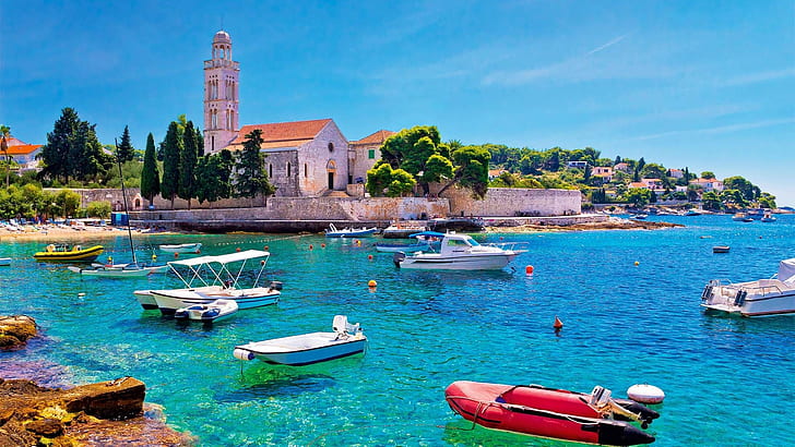 Hvar Adası, 16. yüzyılda inşa edilmiş Adriyatik Denizi Katolik Kilisesi Hırvatistan Adriyatik Denizi Panorama 1920 × 1080, HD masaüstü duvar kağıdı