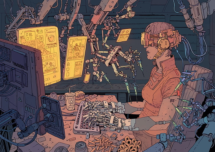 punk, tech, machine, women, cyborg, drawing, f1x-2, syringe, cyberpunk, HD wallpaper