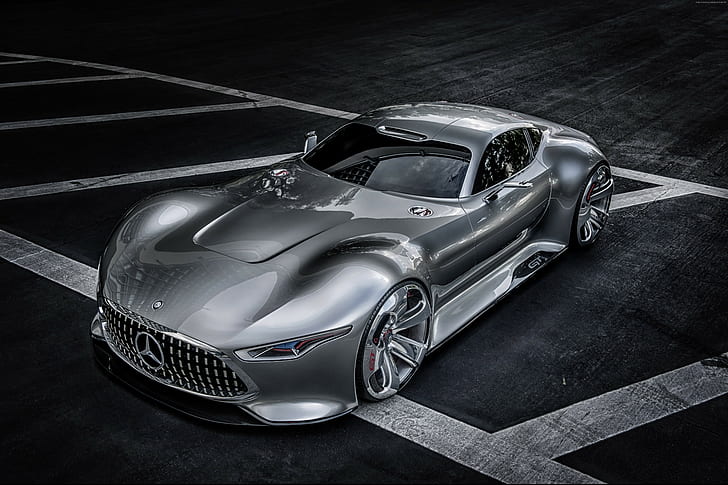 front, silver, Gran Turismo, concept, Mercedes-Benz AMG Vision, Mercedes, 2015 car, supercar, HD wallpaper