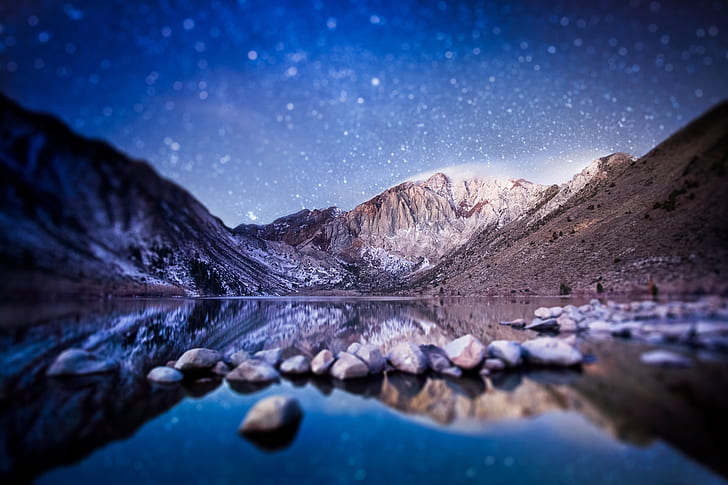 mountains, night, morning, USA, bokeh, tilt shift, Convict Lake, Sierra Nevada in California, HD wallpaper