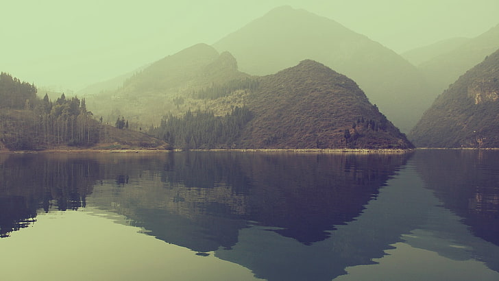 body of water, nature, landscape, mist, hills, reflection, HD wallpaper