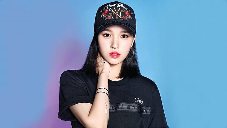 2回 2回ミナ ミナミオイ K Pop アジア 日本人 日本人女性 黒髪 黒髪 ピンクの口紅 黒のtシャツ Hdデスクトップの壁紙 Wallpaperbetter