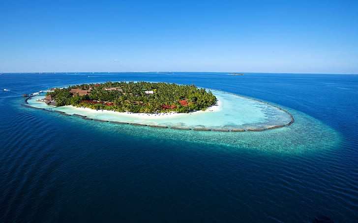 Удивителна гледка към остров Малдиви, островен курорт, океан, палми, лукс, море, HD тапет
