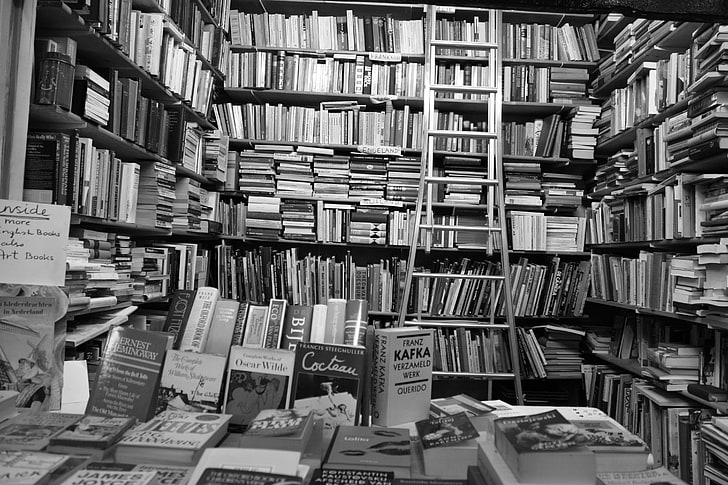 assorted-title book lot, Oscar Wilde, monochrome, books, Ernest Hemingway, Franz Kafka, HD wallpaper
