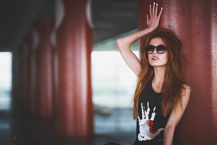 women, model, redhead, black clothing, sunglasses, lollipop, HD wallpaper