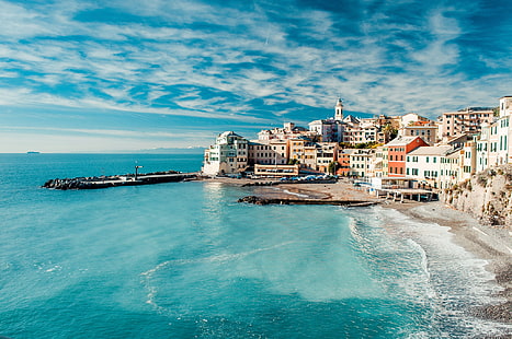 Italy, Liguria region, Italy, beach, house, Liguria region, sea, municipality, Bogliasco, HD wallpaper HD wallpaper