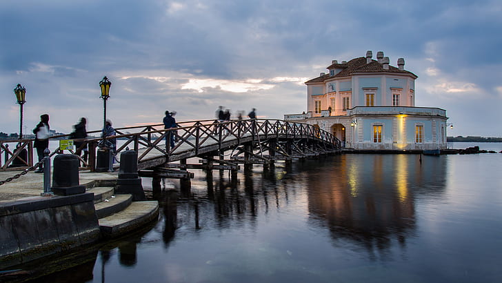 Casina, bridge, lights, lake, Italy, Campania, Naples, lake Fusaro, landscape, HD wallpaper