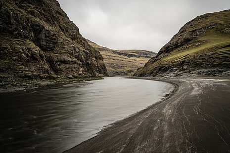 река, горы, Фарерские острова, HD обои HD wallpaper