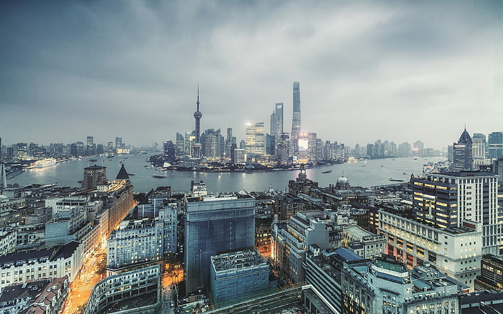 Menara CN, Shanghai, kota, lanskap kota, bangunan, Wallpaper HD