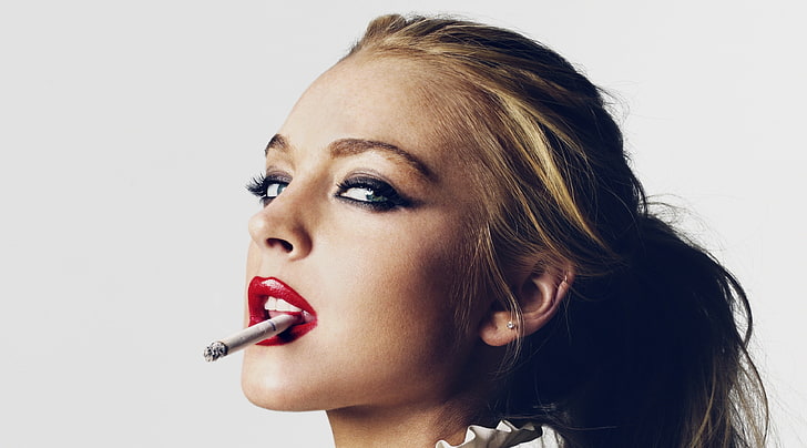 Lindsay Lohan, white cigarette stick, Movies, Lindsay Lohan, red lips, Smoking, Cigarette, HD wallpaper