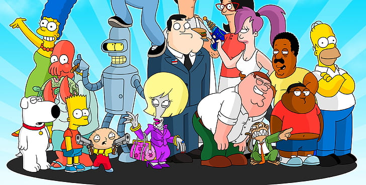 Futurama, 만화, 크로스 오버, 패밀리 가이, 심슨, TV 시리즈, 클리블랜드 쇼, American Dad !, Bob 's Burgers, by sauron88, HD 배경 화면
