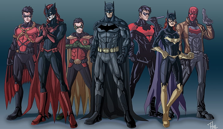 DC-Charakterplakat, Batman, Robin (Charakter), Nightwing, Batgirl, DC-Comics, Roter Robin, Batwoman, Rote Kapuze, HD-Hintergrundbild
